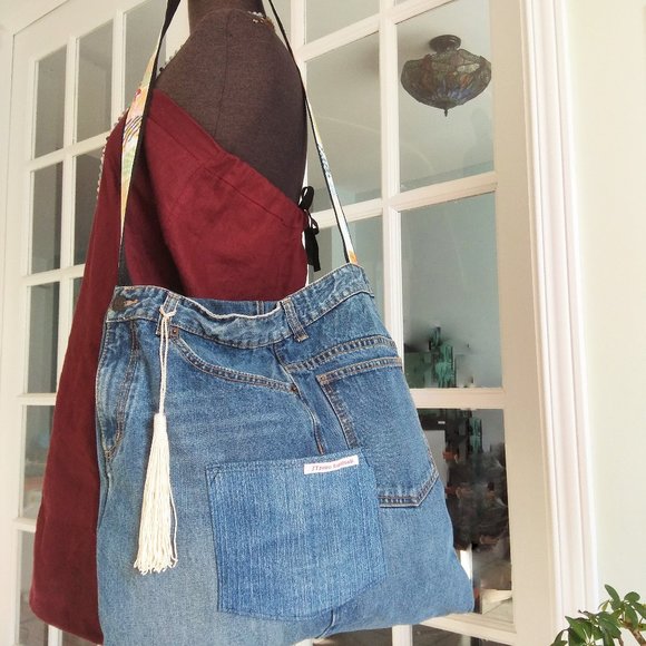 Repurposed Denim tote bag. Recycled jeans tote. Cross body bag. Upcycled Denim - Picture 2 of 8